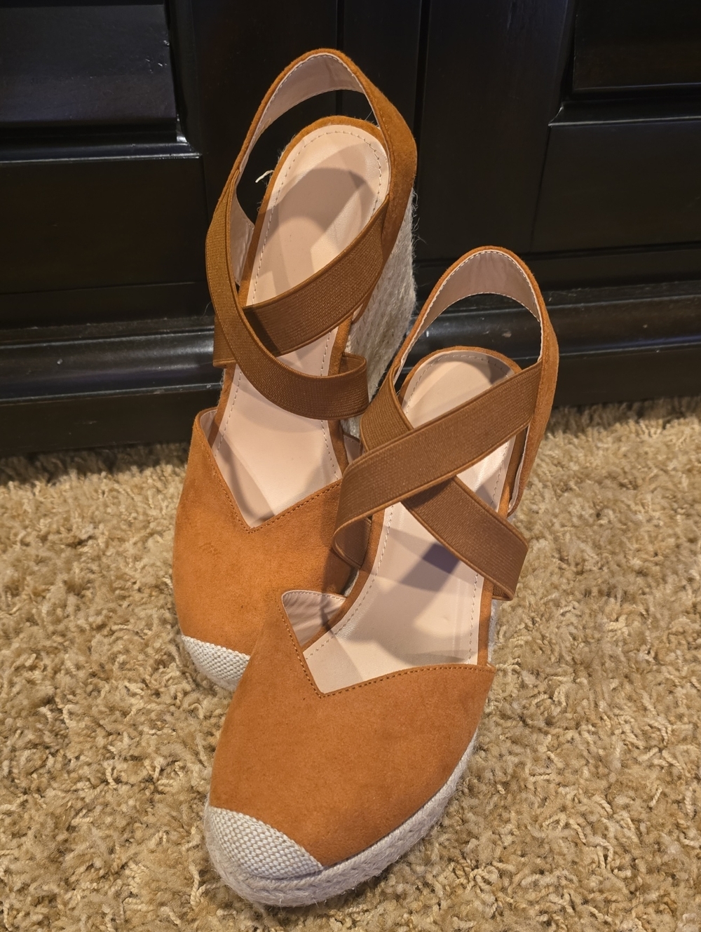 Women's Tan Espadrille Wedge Sandals with Crisscross Straps